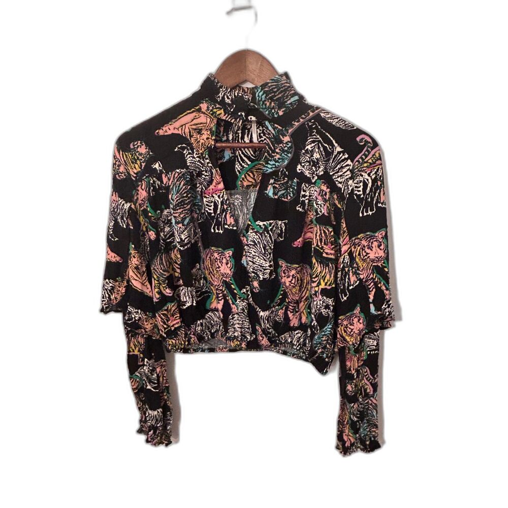Free People Tiger Print Cropped Blouse Small Boho Tie Front High Neck Top